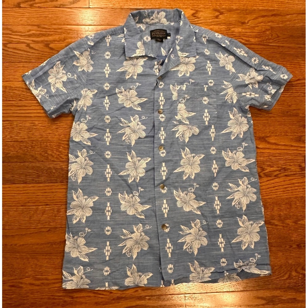 Pendleton Button Down Shirt Mens Medium Blue Floral Hawaiian Camp Loop Collar